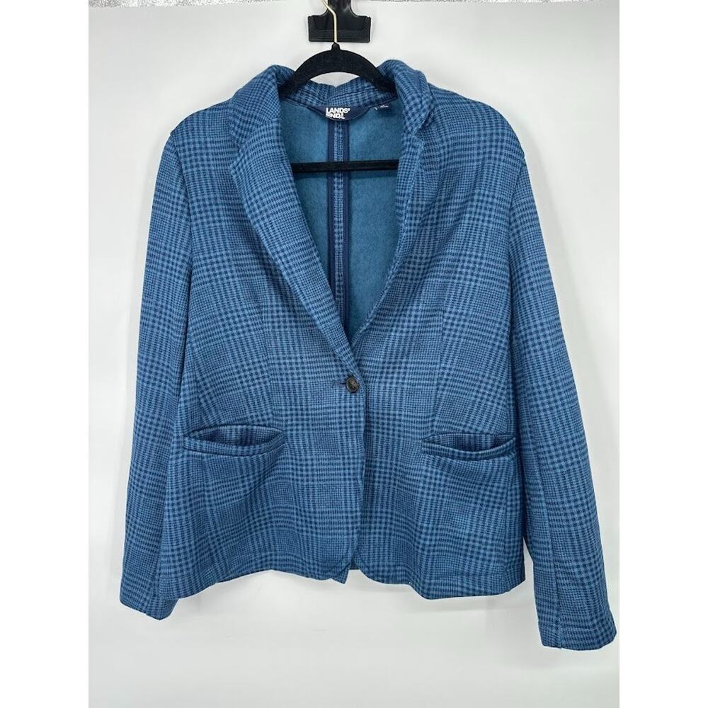 Lands End Blazer Womens M 10-12 Blue Plaid Knit Fleece Oeko Tex Pockets Office